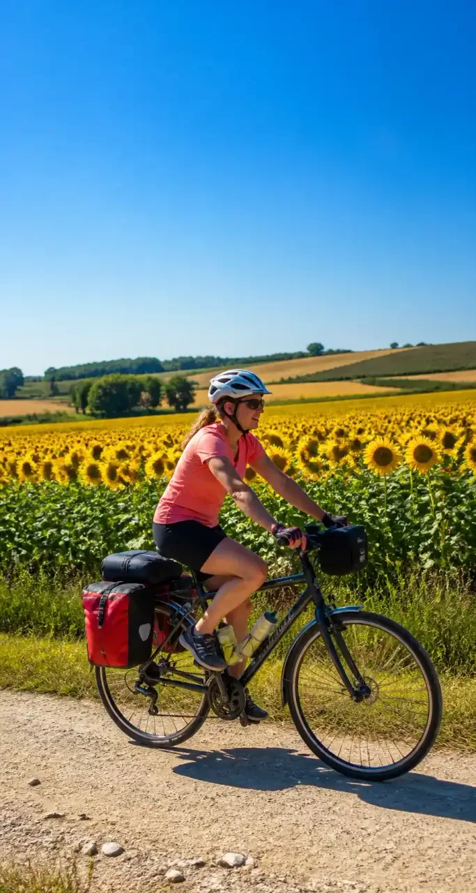 Cycliste sur un chemin de campagne bord&eacute; de tournesols en C&ocirc;te-d'Or