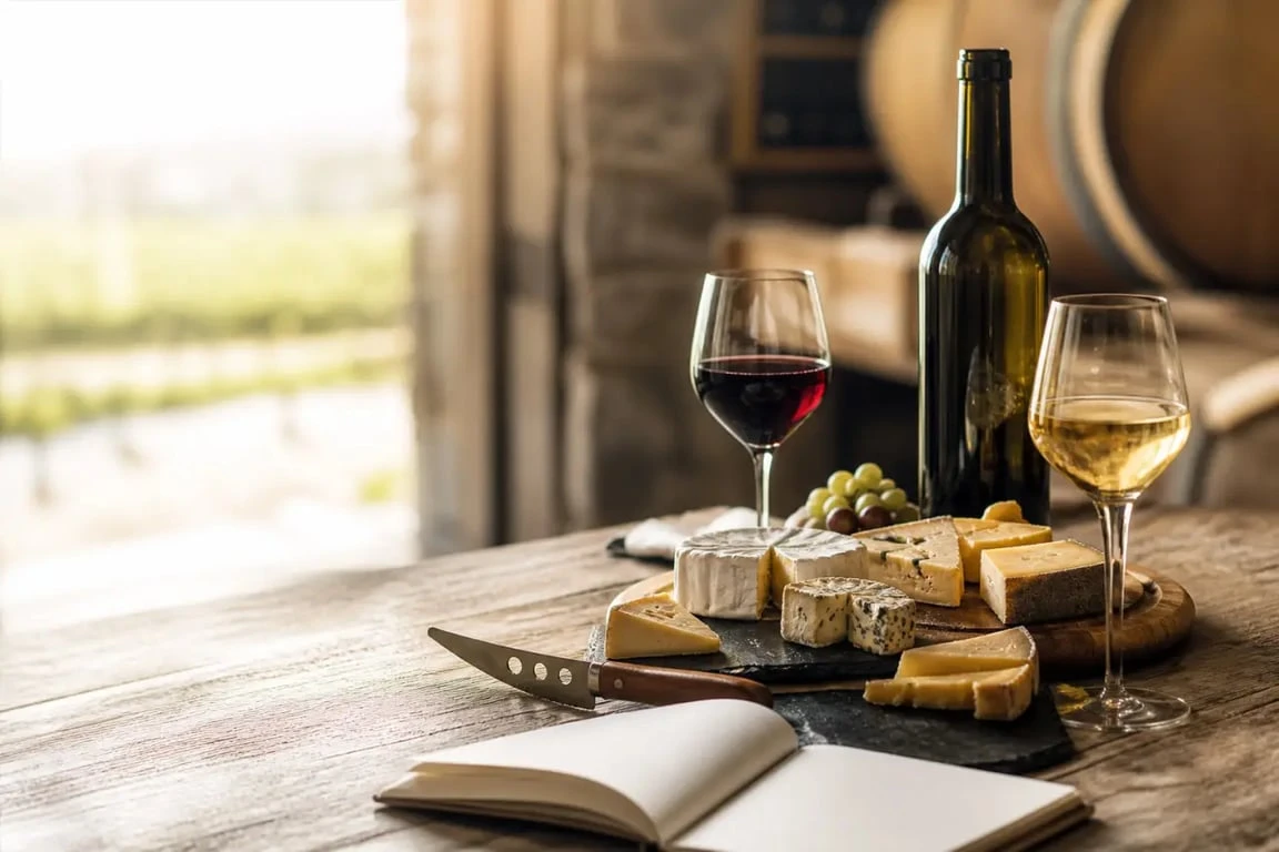 week end dégustation vin et fromage dans une cave avec verres de vin et plateau de fromages