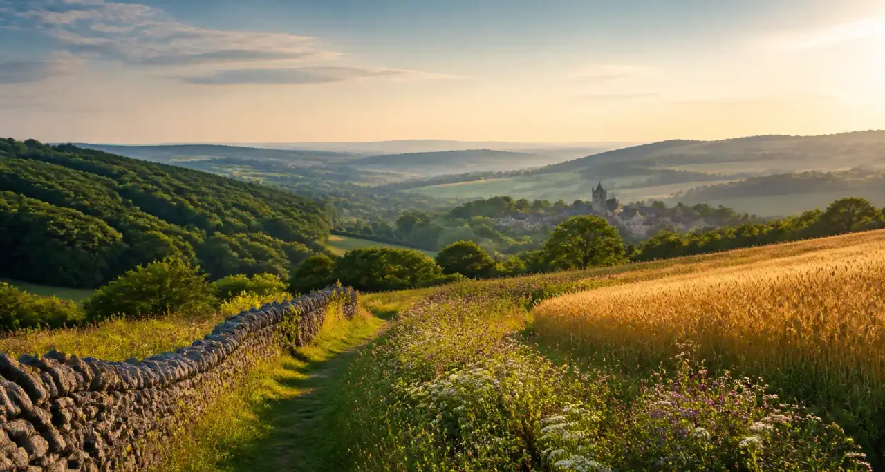 Panorama des collines verdoyantes de l'Auxois au petit matin, sentier de randonn&eacute;e bord&eacute; d'un mur de pierre s&egrave;che et hameau bourguignon en pierre au loin