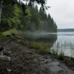Lac de Chamboux, sentier près du lac et forêt en Morvan