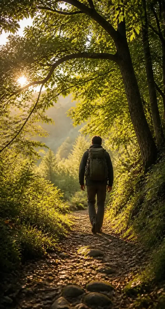 Randonneur sur un sentier forestier de l'Auxois