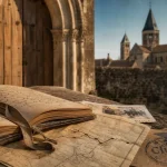 Site clunisien : carnet de voyage devant un portail roman de Cluny