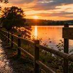 Balades Dijon au Lac Kir : marcheur, sentier et reflets au coucher du soleil