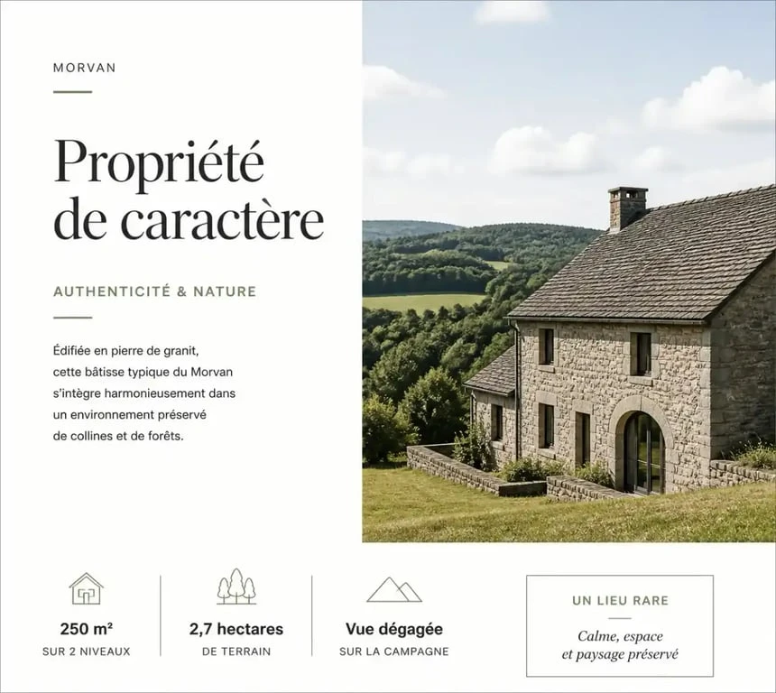Bâtisse traditionnelle en pierre dans le Morvan, représentative du patrimoine immobilier local géré par Morvan Patrimoine.