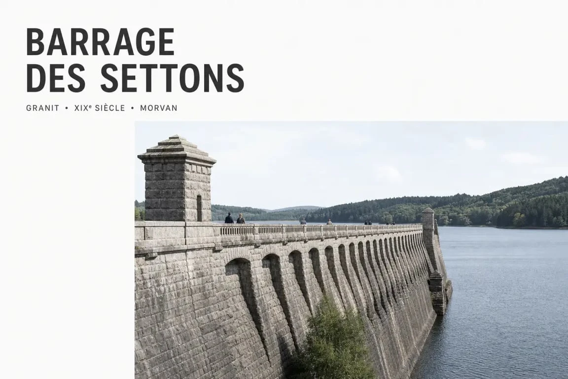 Lac nievre morvan : barrage en granit du lac des Settons au bord du plan d’eau