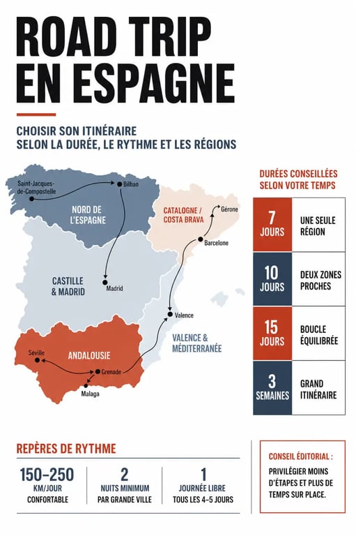 Préparer son itinéraire de road trip à travers l'Espagne avec une infographie des durées et des régions conseillées