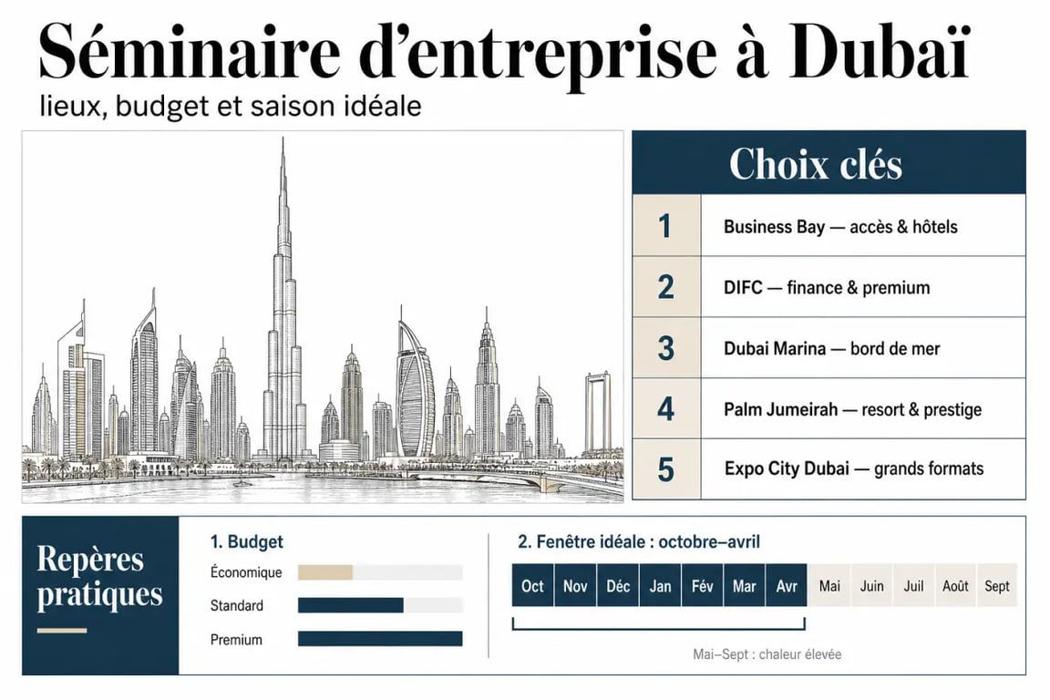 Organiser un séminaire d'entreprise inoubliable à Dubaï avec comparaison des quartiers, budget et saison idéale