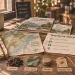Acteurs du tourisme durable : carnet, étiquette label et matières recyclées