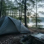 Bivouac lac Morvan près de la rive : tente et matériel