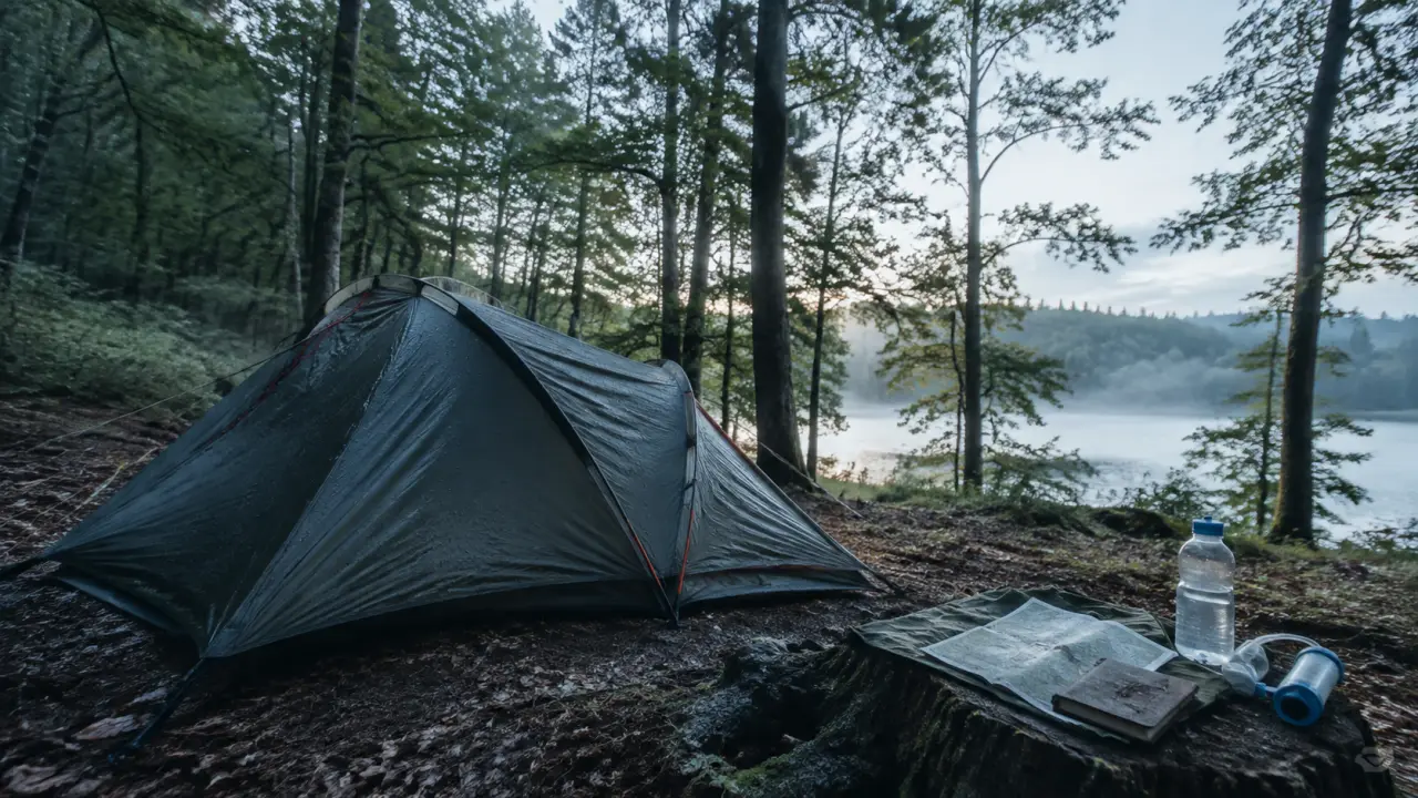 Bivouac lac Morvan près de la rive : tente et matériel