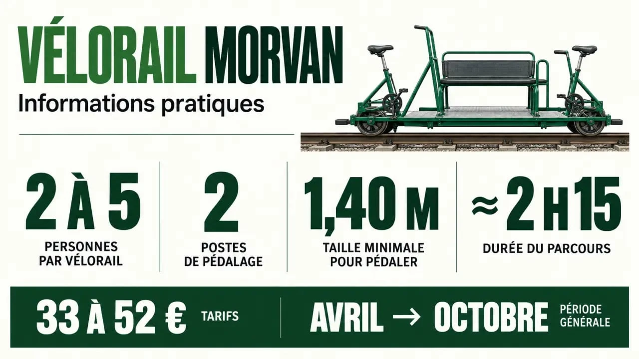 Infographie pratique sur le vélo rail Morvan : durée, tarifs et capacité