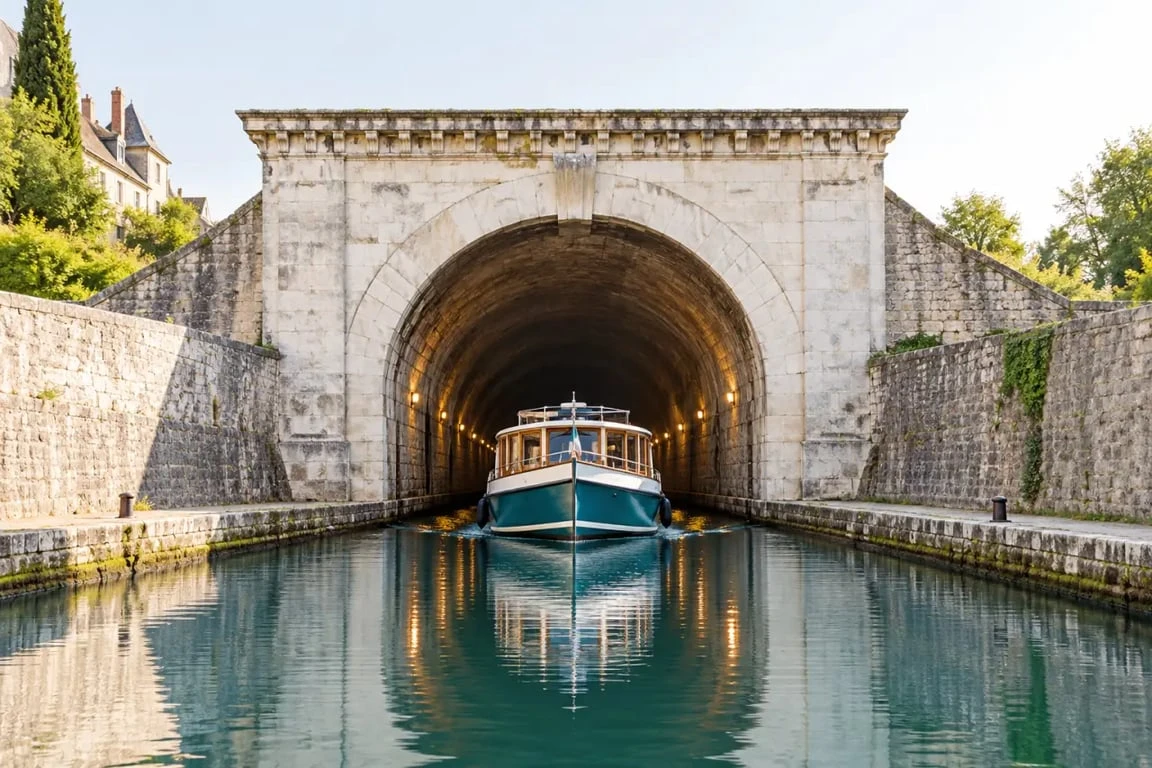 Bateau du canal de Bourgogne à Pouilly-en-Auxois entrant dans la Voûte de Pouilly