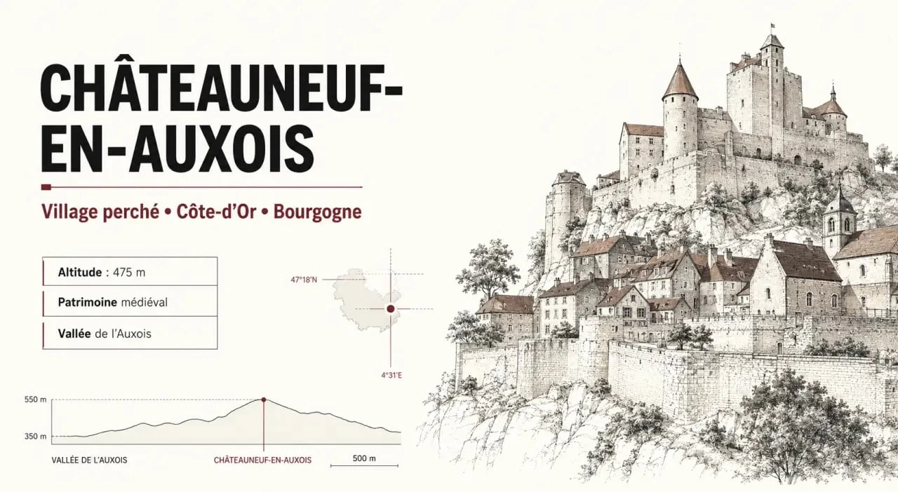 Châteauneuf en Auxois office tourisme : vue panoramique du village perché et du château médiéval