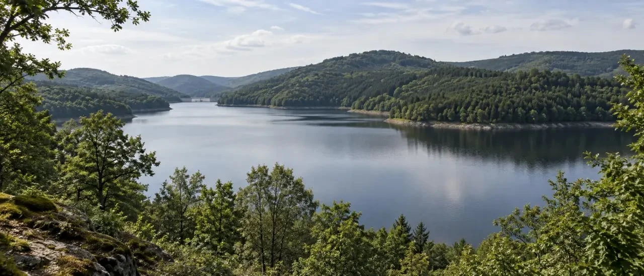 Lac-réservoir du Morvan : vue panoramique du lac de Pannecière dans un paysage forestier