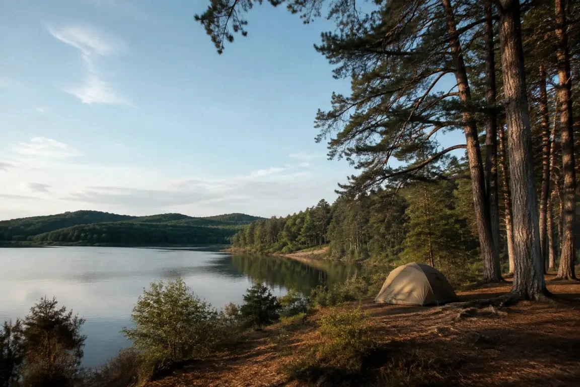 Bivouac lac Morvan avec tente discrète installée à distance de la rive