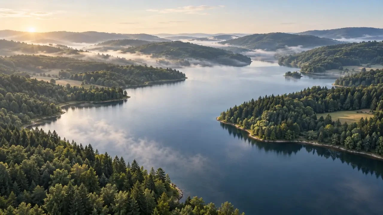 Grand lac du Morvan entouré de forêts et de collines