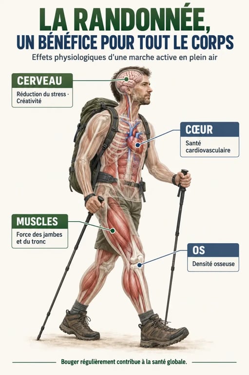 Infographie sur les bienfaits de la randonnée pour la santé physique et mentale