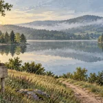 Grand lac du Morvan, paysage brumeux au matin, reflets sur l’eau