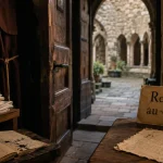 Hébergement monastère France : dortoir calme, porte en bois et linge plié