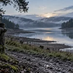 Lac réservoir du Morvan : Pannecière au lever du jour, brume et berge forestière