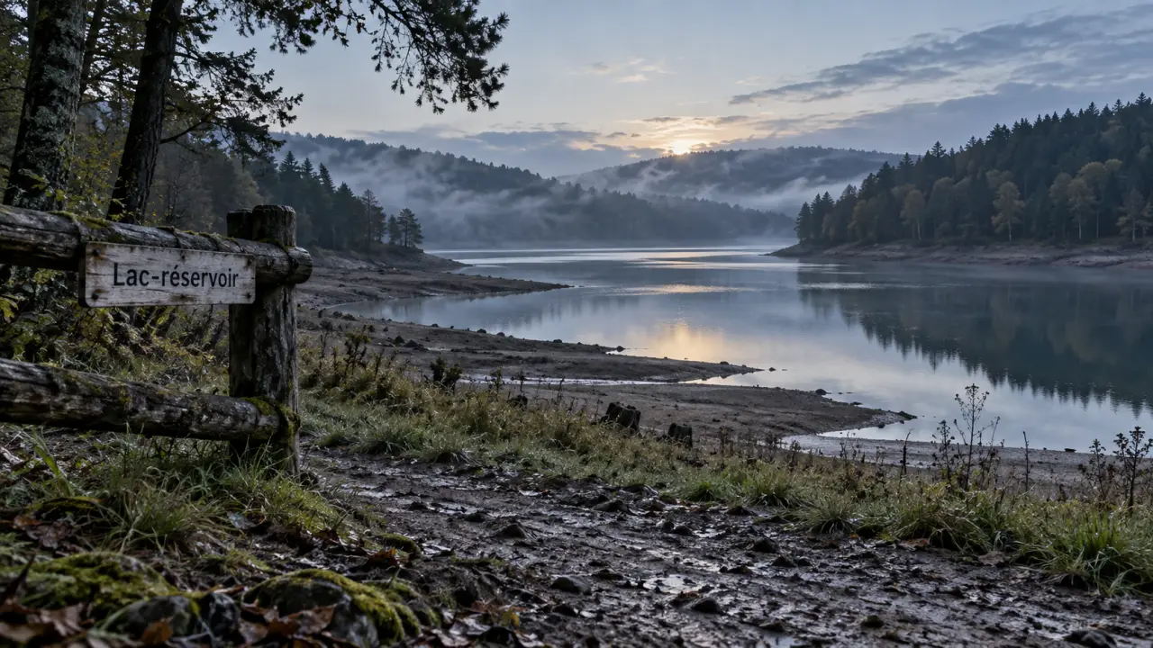 Lac réservoir du Morvan : Pannecière au lever du jour, brume et berge forestière