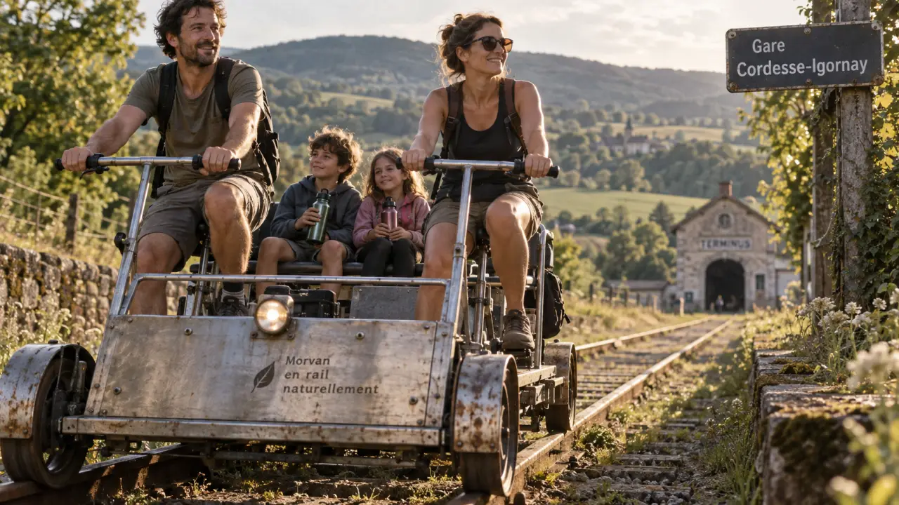 Vélo rail Morvan : famille sur ancienne voie ferrée près de Gare Cordesse-Igornay