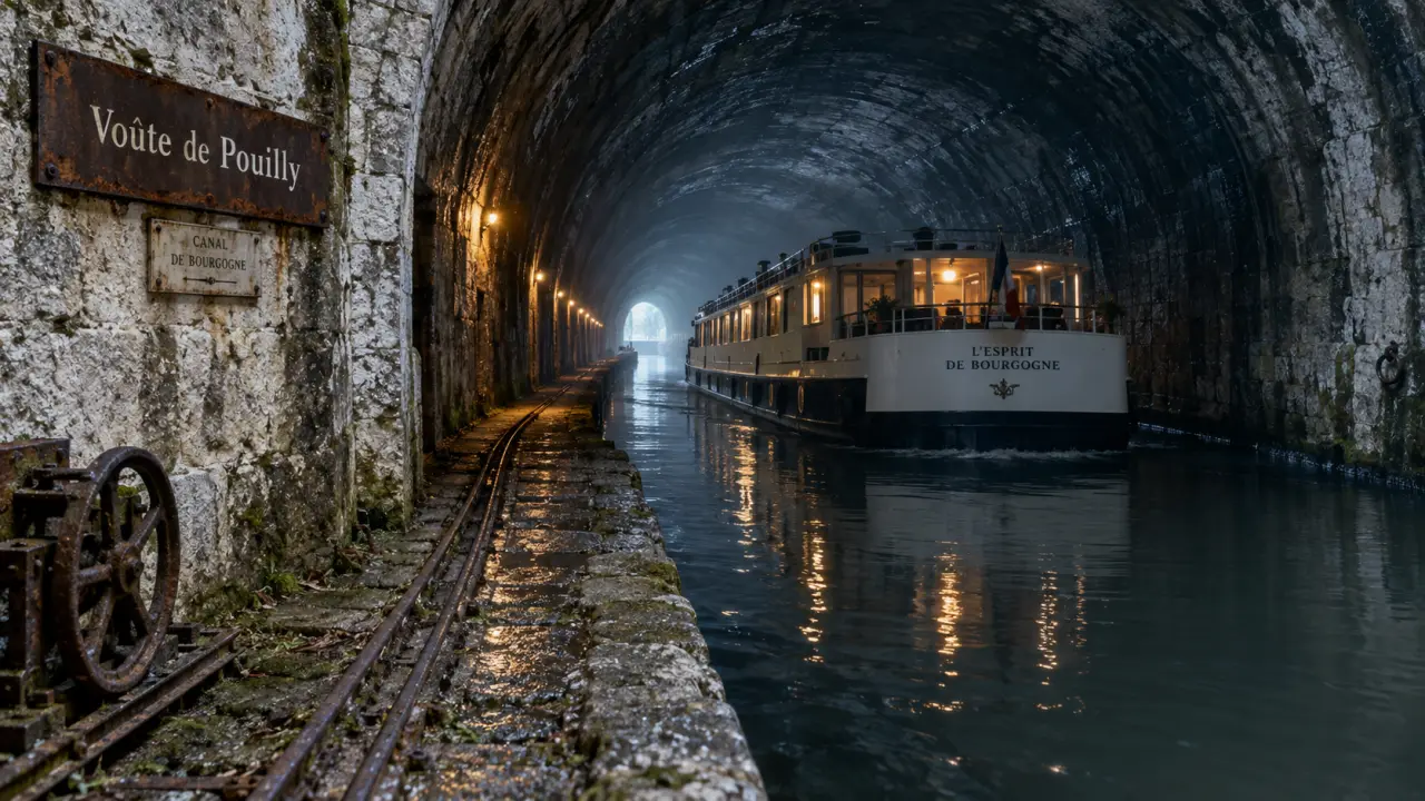 Voûte du canal de bourgogne pouilly en auxois : bateau dans le tunnel-canal