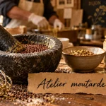atelier moutarde dijon : graines de moutarde broyées au mortier, pot à emporter