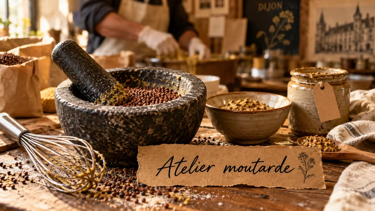 atelier moutarde dijon : graines de moutarde broyées au mortier, pot à emporter