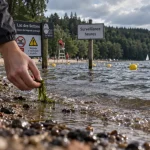 Baignade Morvan : eau verdâtre avec algues et baignade surveillée