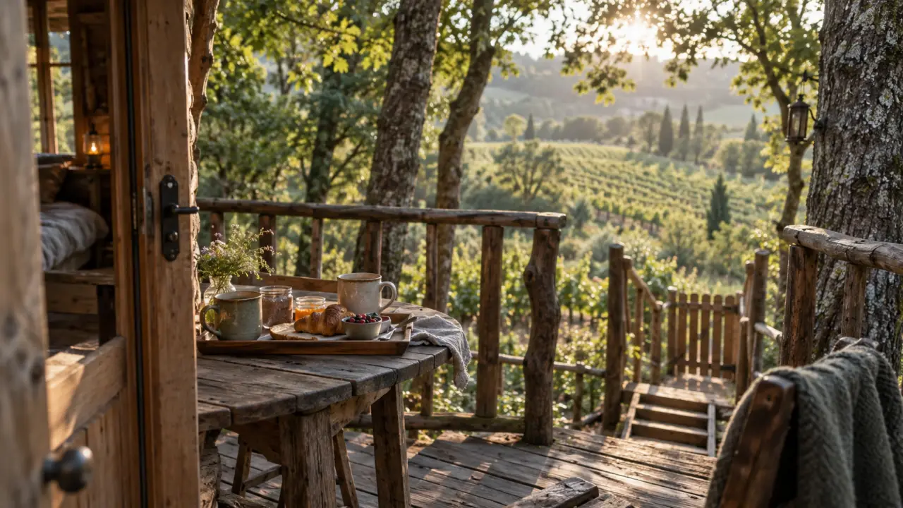 Cabane de viré pour un séjour en famille, vue terrasse dans les arbres