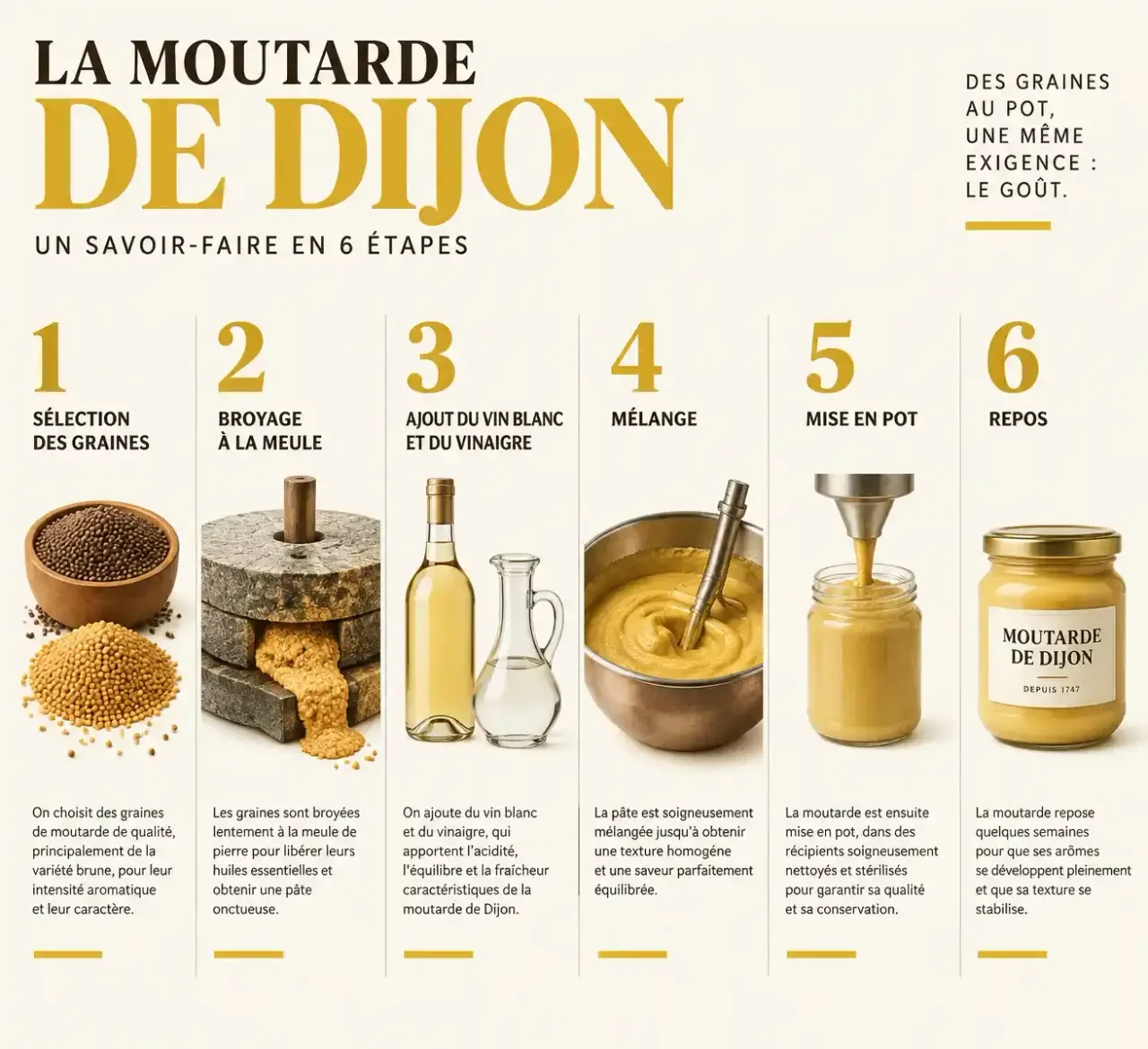 Étapes de la fabrication de moutarde à Dijon, du broyage des graines à la mise en pot