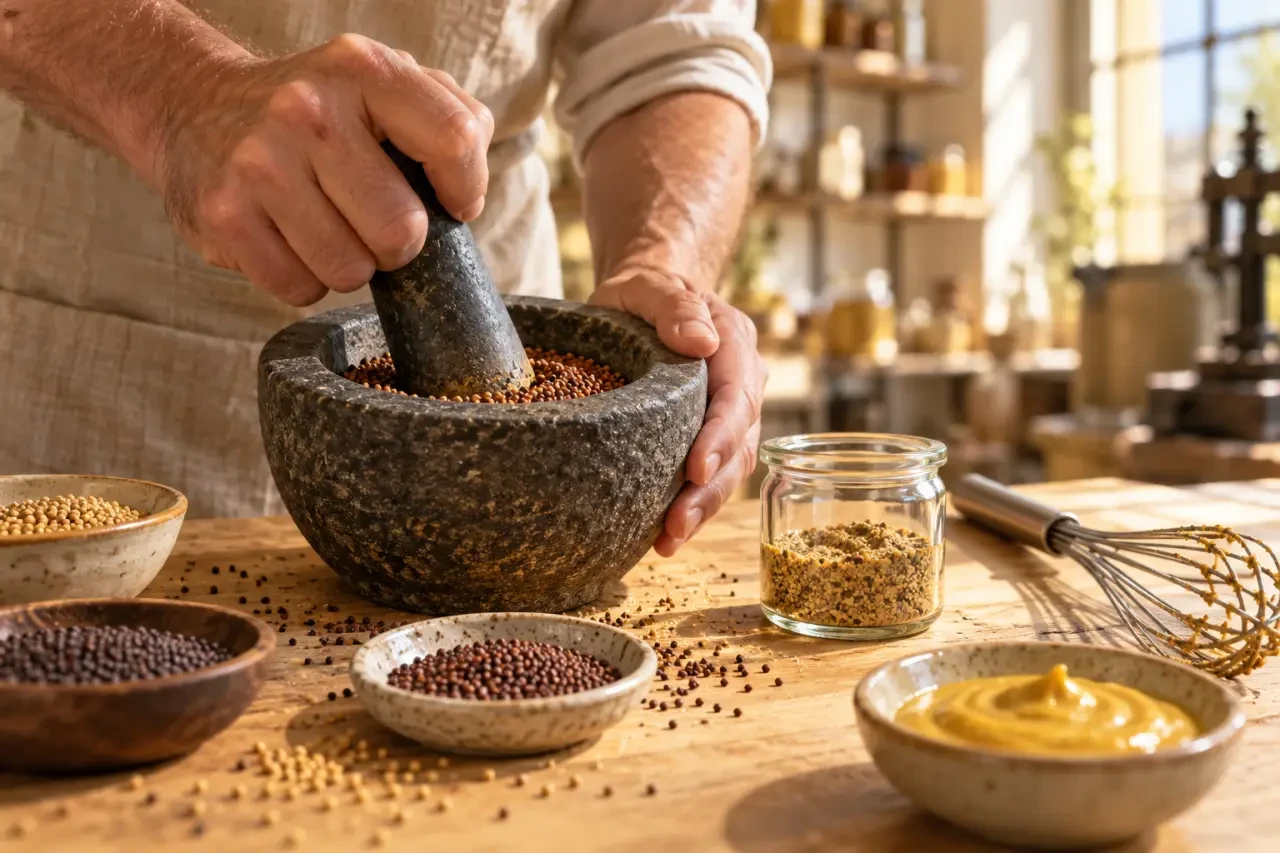 Atelier moutarde Dijon : fabrication artisanale avec graines et mortier