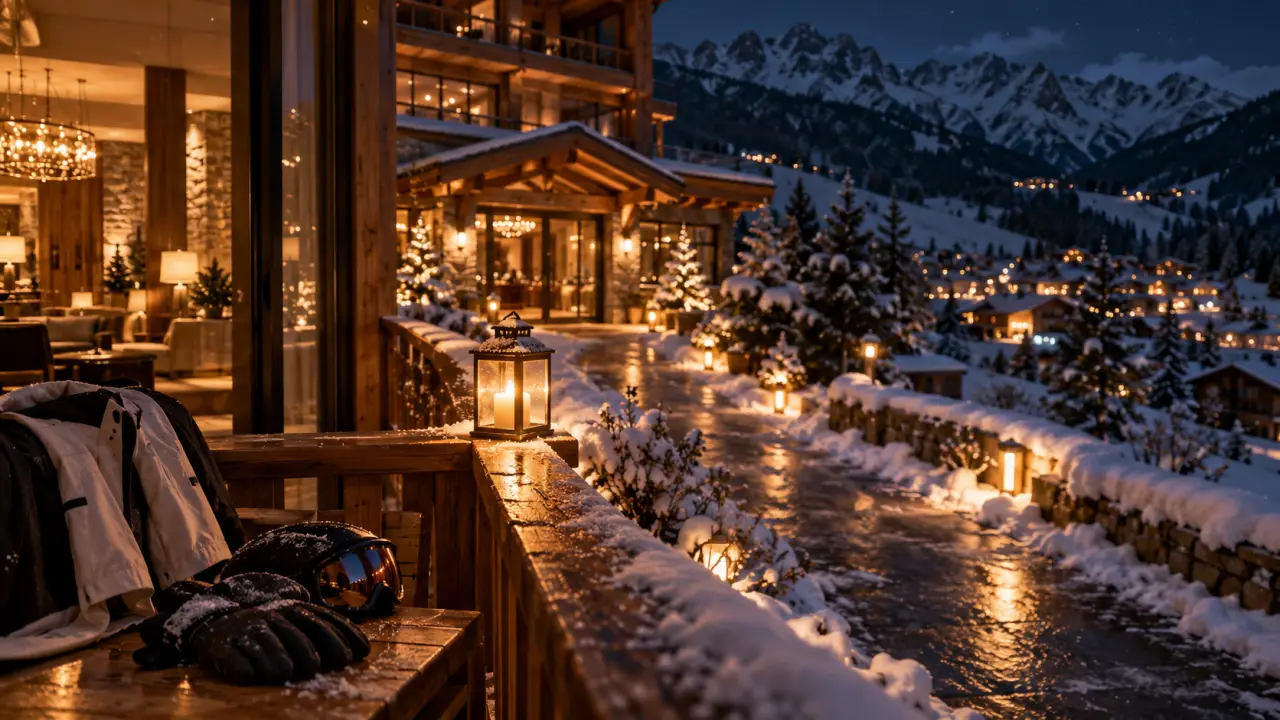 Hôtel spa au cœur du village Relais & Châteaux : chemin enneigé vers l’hôtel spa à La Clusaz