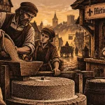 Métiers du moyen age : meunier et apprenti près du moulin à eau