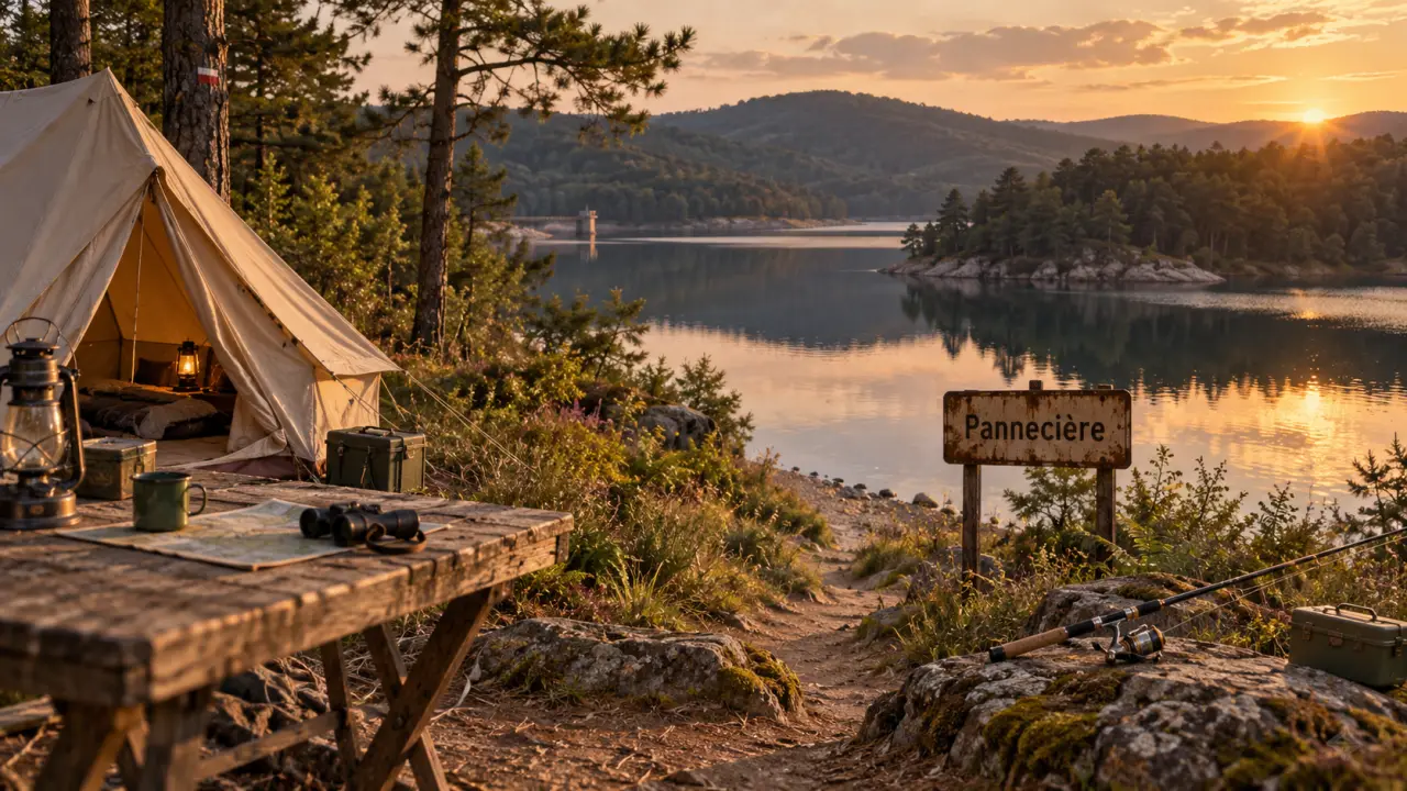 Montigny en Morvan camping au lac de Pannecière, tente et canne à pêche