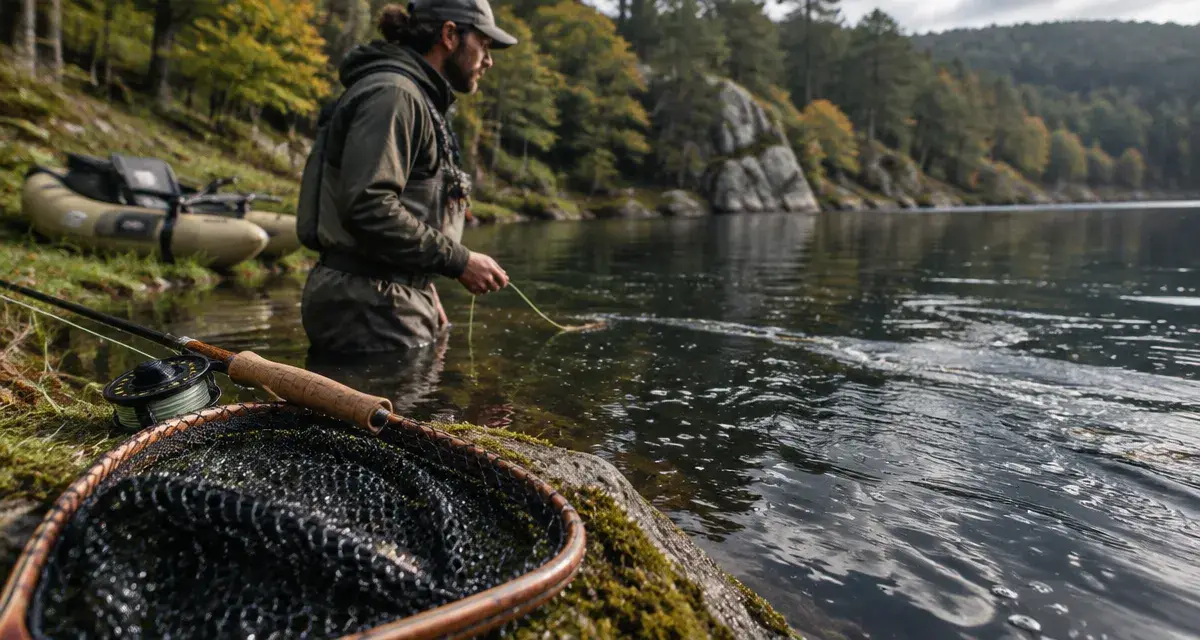 Pêche à la mouche Morvan : réservoir, épuisette et canne à mouche