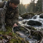 Pêche truite Morvan : truite fario dans l’épuisette au bord de la rivière