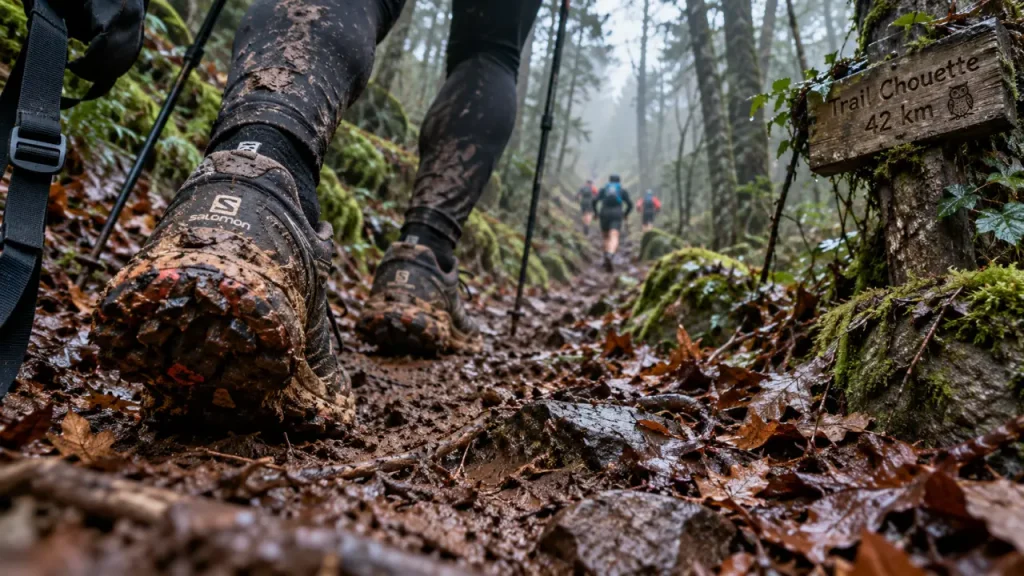Trail de la chouette dijon : chaussures boueuses sur sentier de forêt