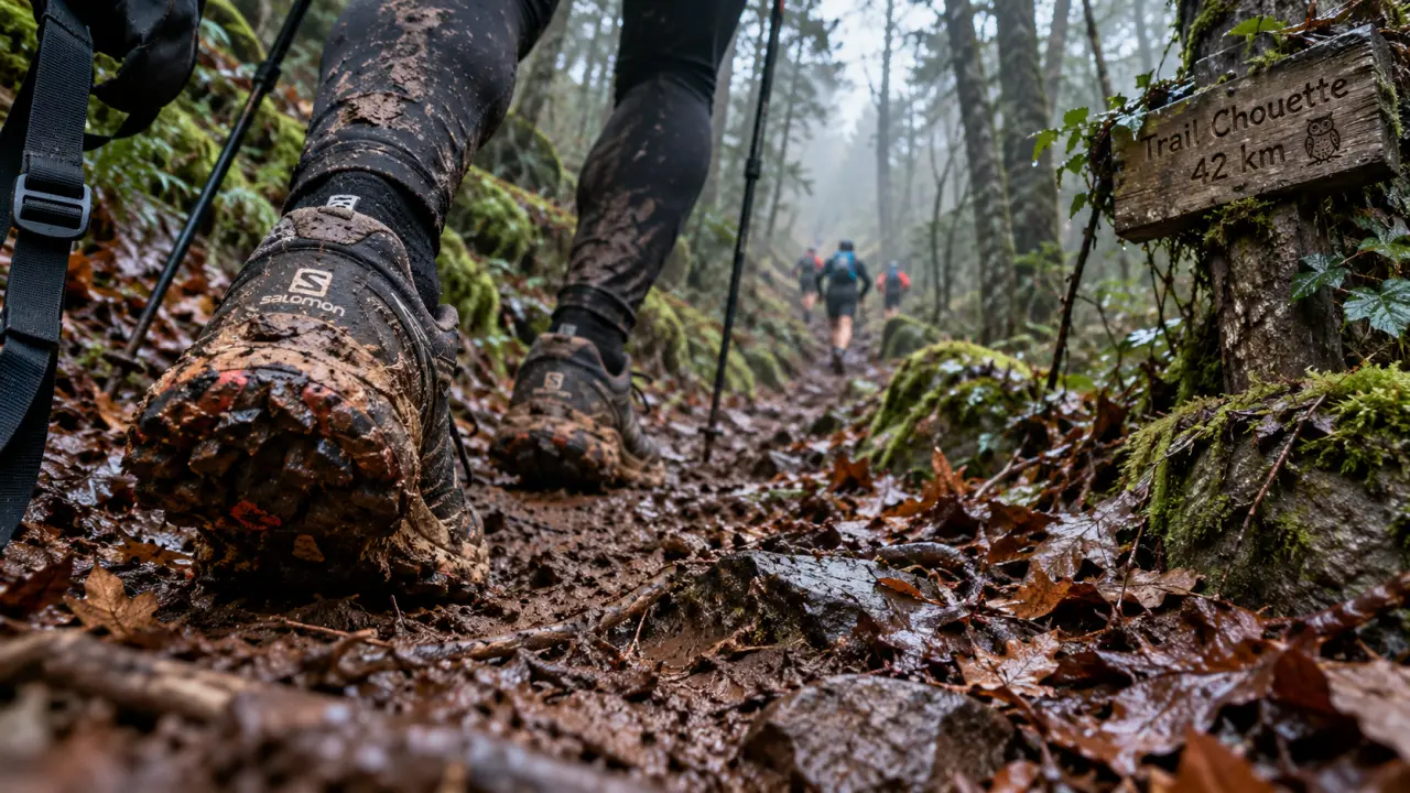 Trail de la chouette dijon : chaussures boueuses sur sentier de forêt